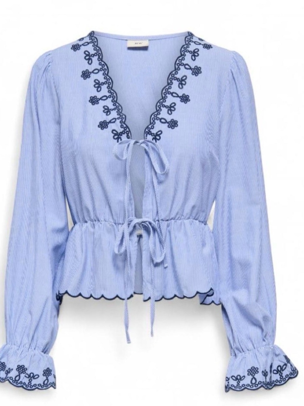 Light Blue Embroidered Tie-Front Peplum Blouse - Unbranded